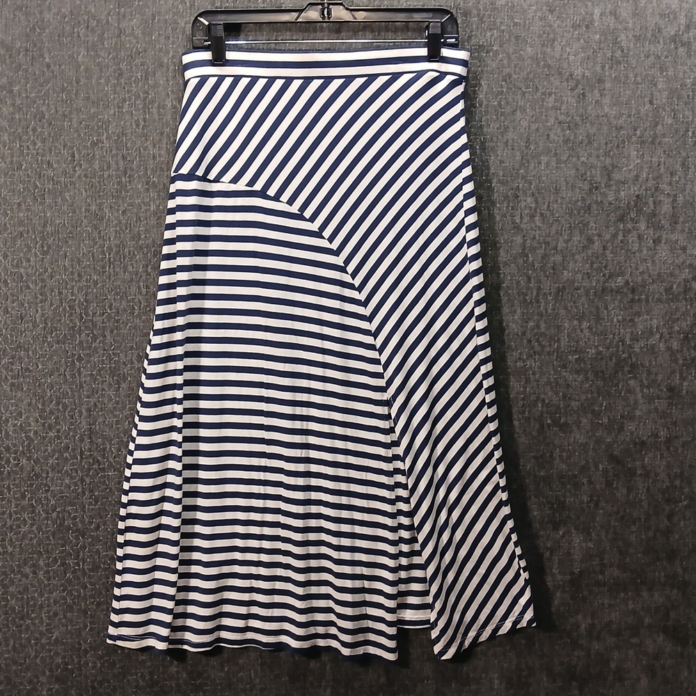 Time and Tru Navy Blue White Striped Maxi Skirt Medium M 8-10 A-Line Slit Knit